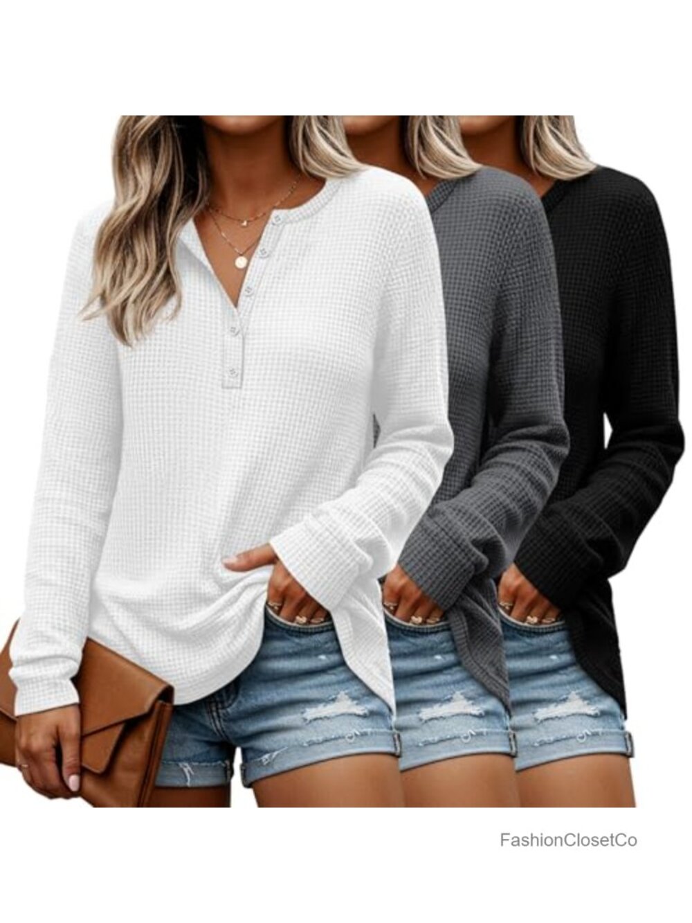3 Pack Women's Waffle Henley Long Sleeve Loose Fit Tunics Top
